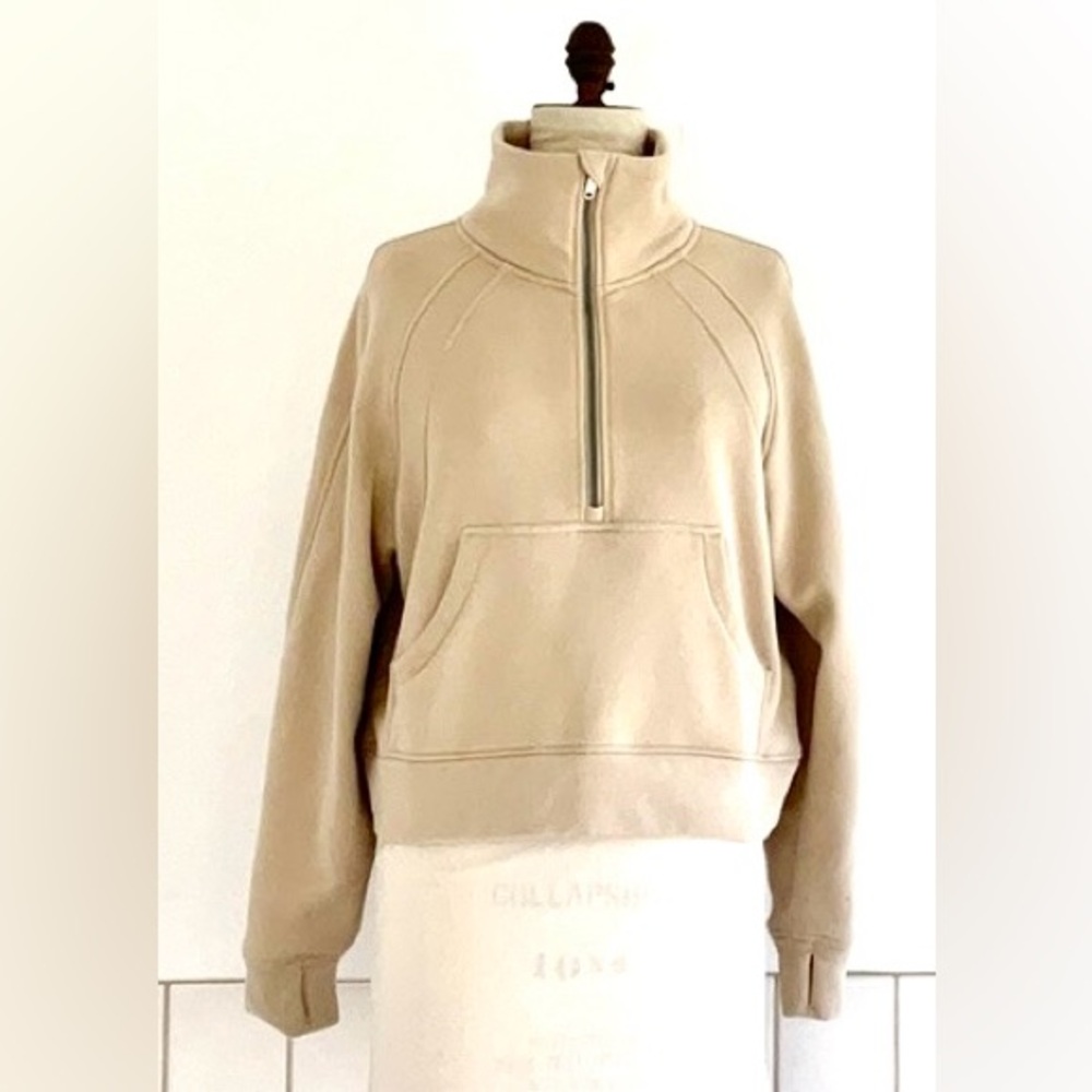 Women’s Sweatshirt Pullover Half Zip Long Sleeve Fleece Lined Beige Medium